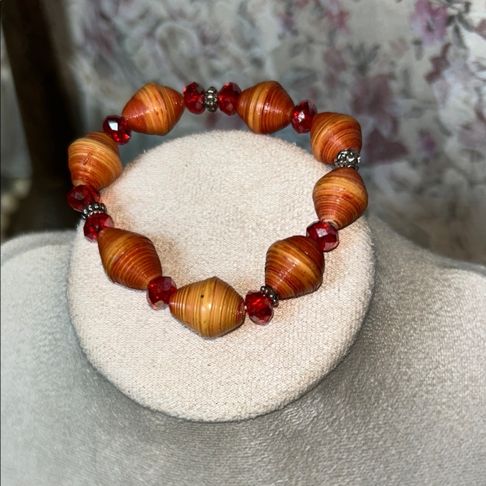 Vibrant Red and Orange Paper Bead Bracelet